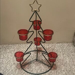 Vintage Metal Christmas Tree Votive Candle Holder with Six Red Glass Cups